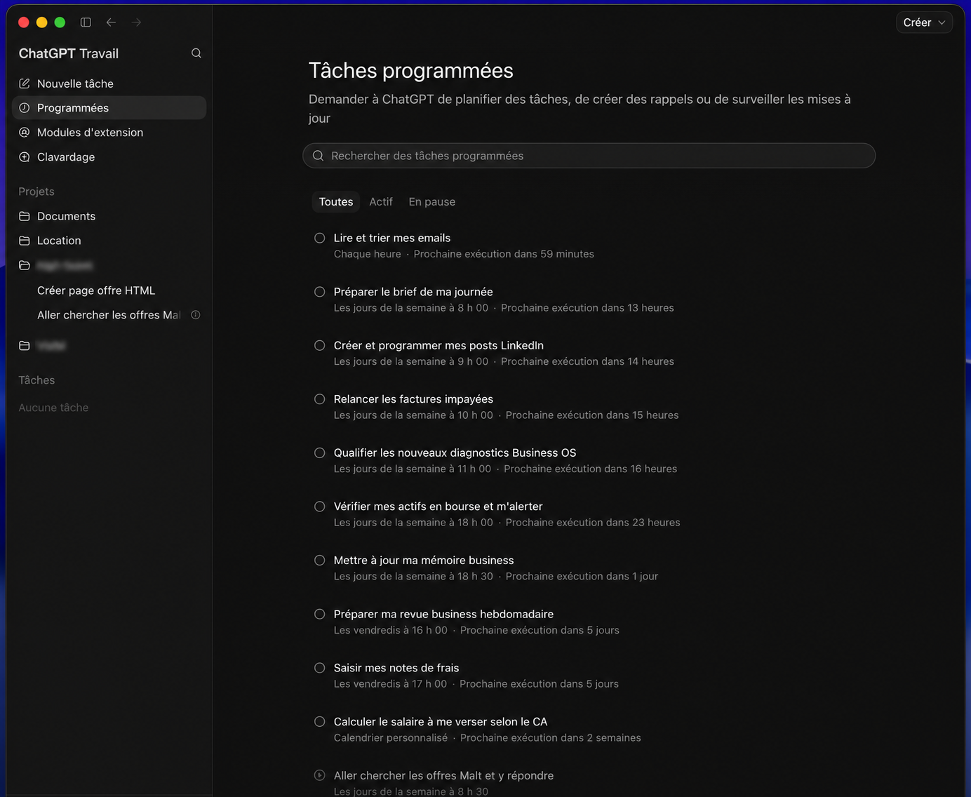 Liste de tâches business programmées, dont la recherche et la réponse aux offres Malt.