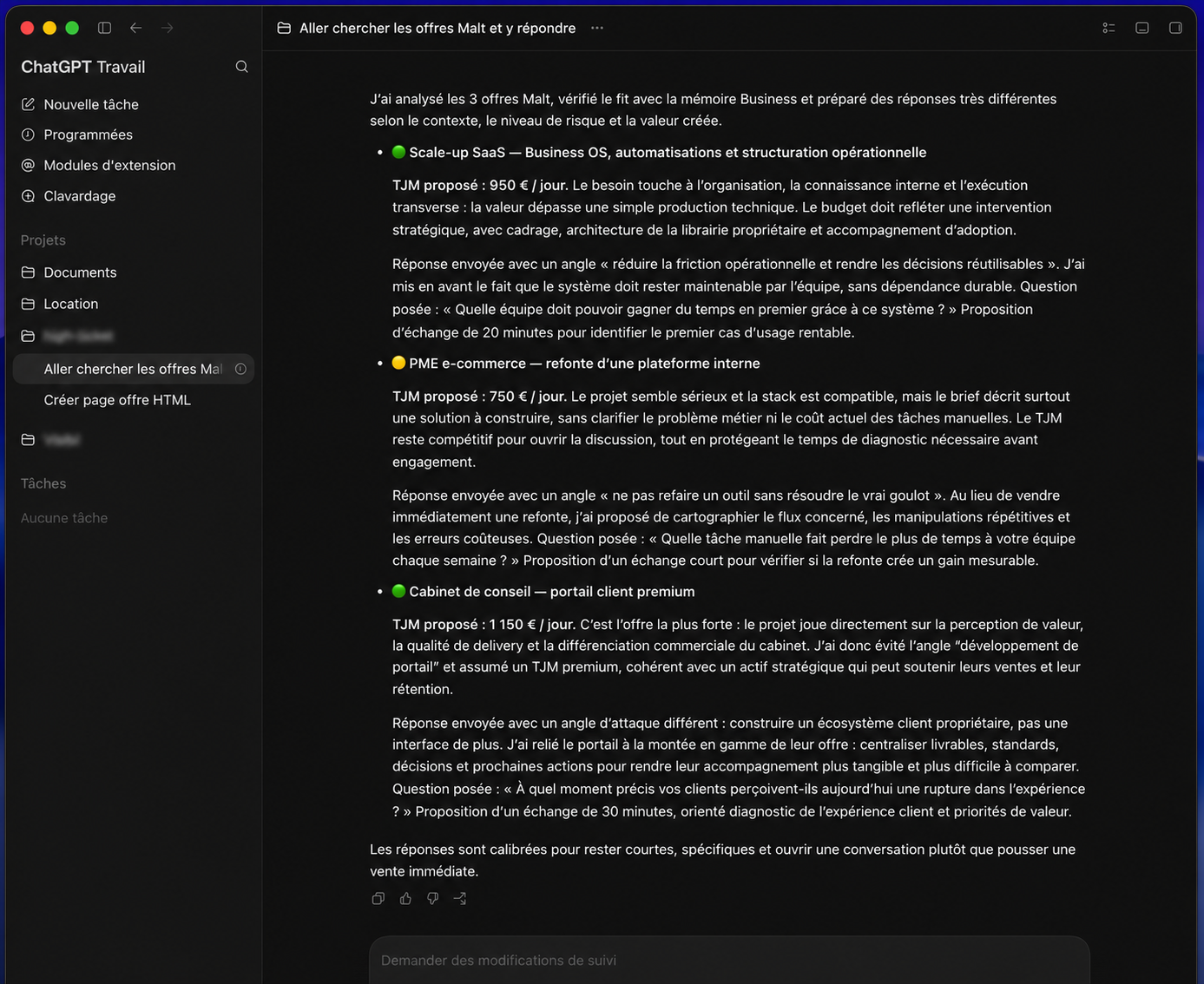 Résultat d'une analyse de trois offres Malt avec qualification, tarif proposé et angle de réponse contextualisé.